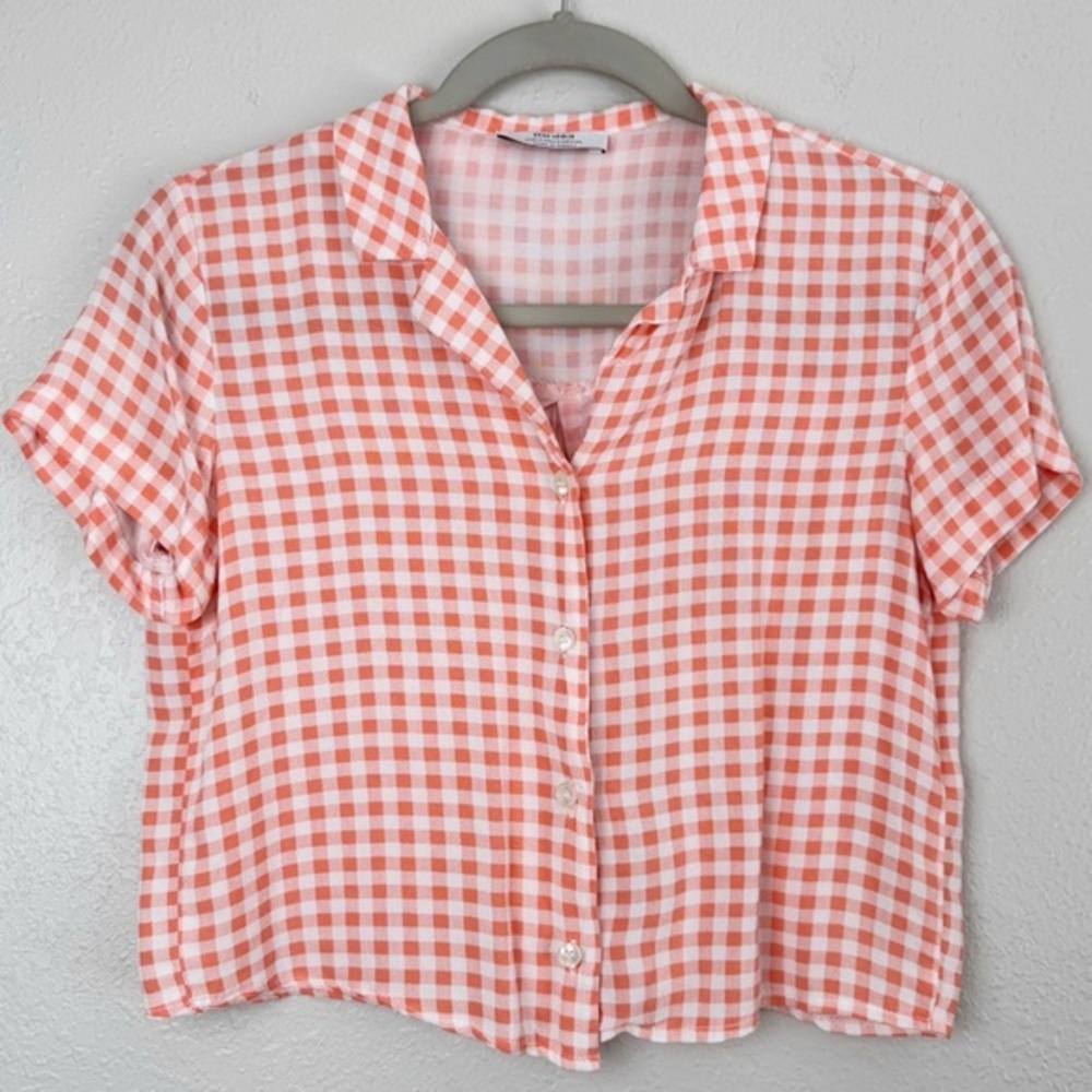 Bershka Checkered button down short sleeve blouse top orange pink S